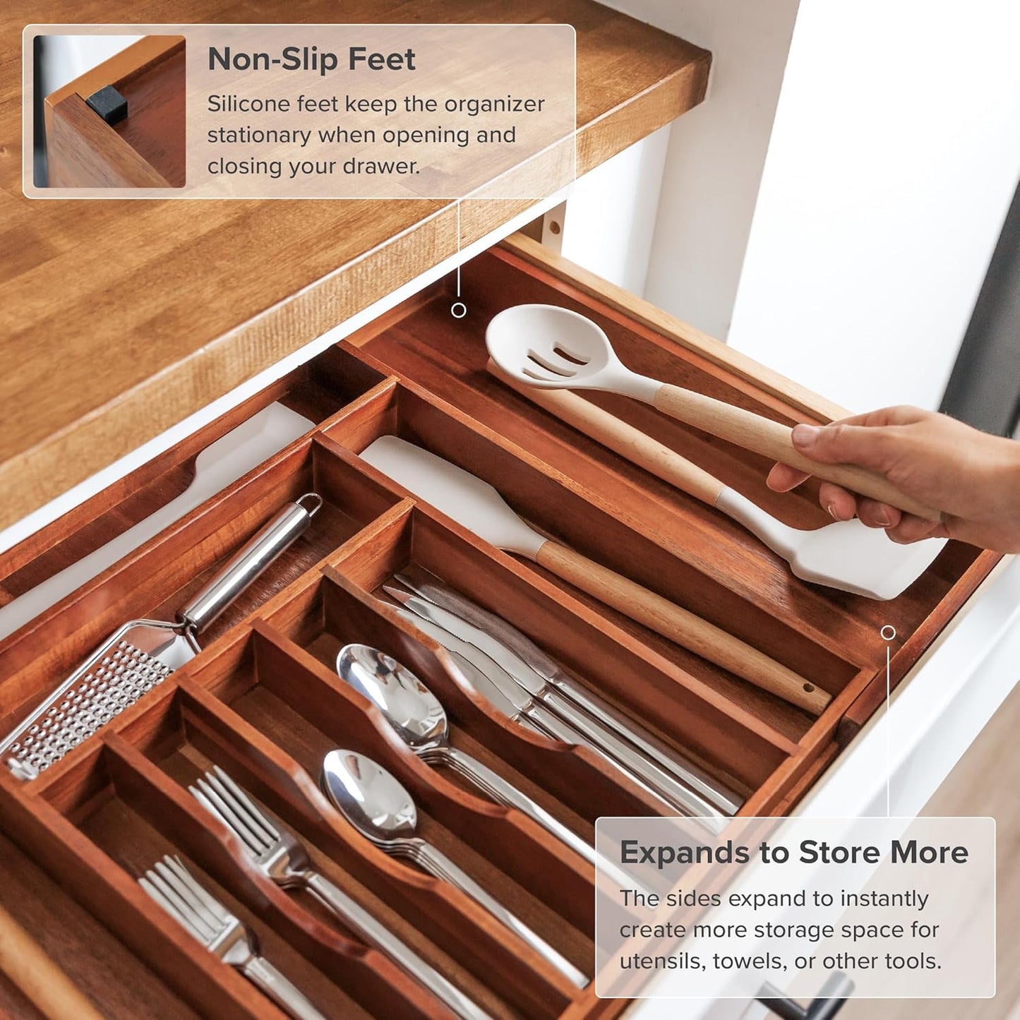 Silverware & Utensil Drawer Organizer, 18-33 in, Bamboo | Cutlery, flatware, food-safe contract grade, kitchen drawer fit