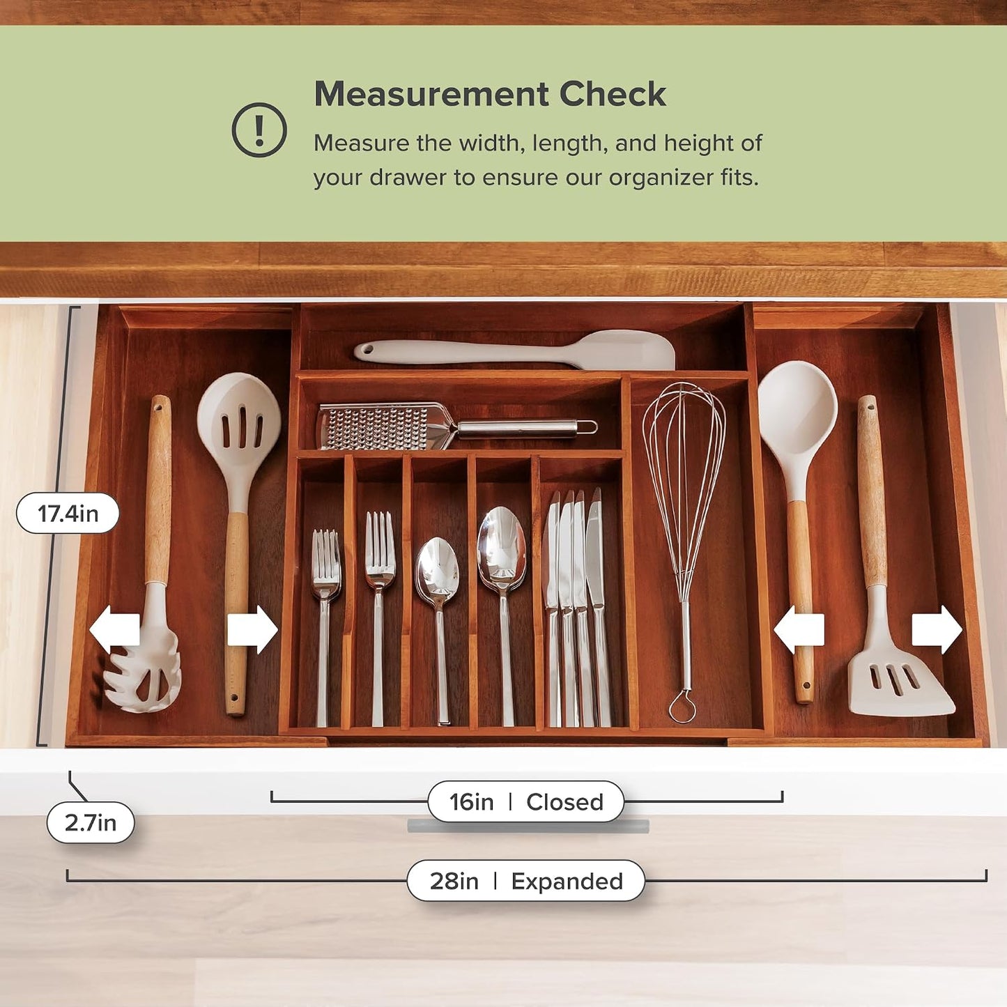 Silverware & Utensil Drawer Organizer, 18-33 in, Bamboo | Cutlery, flatware, food-safe contract grade, kitchen drawer fit