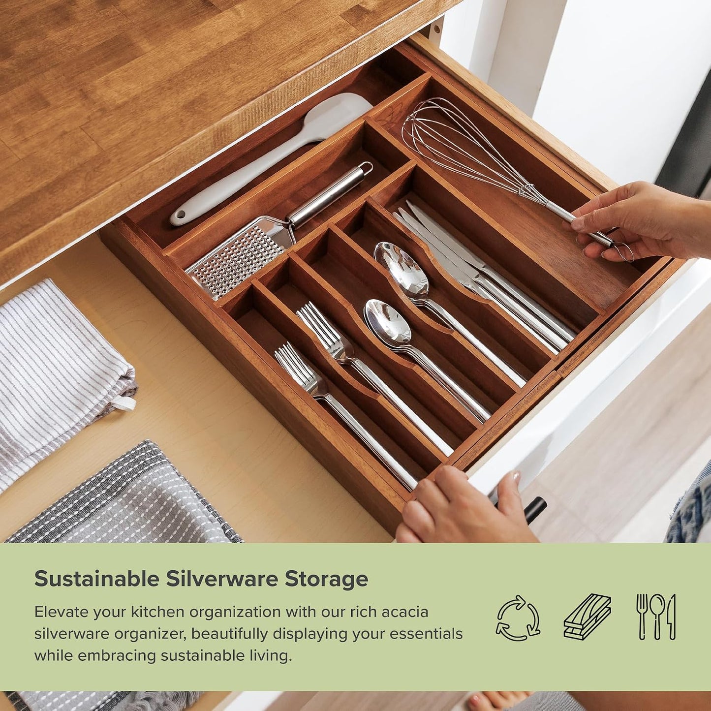 Silverware & Utensil Drawer Organizer, 18-33 in, Bamboo | Cutlery, flatware, food-safe contract grade, kitchen drawer fit