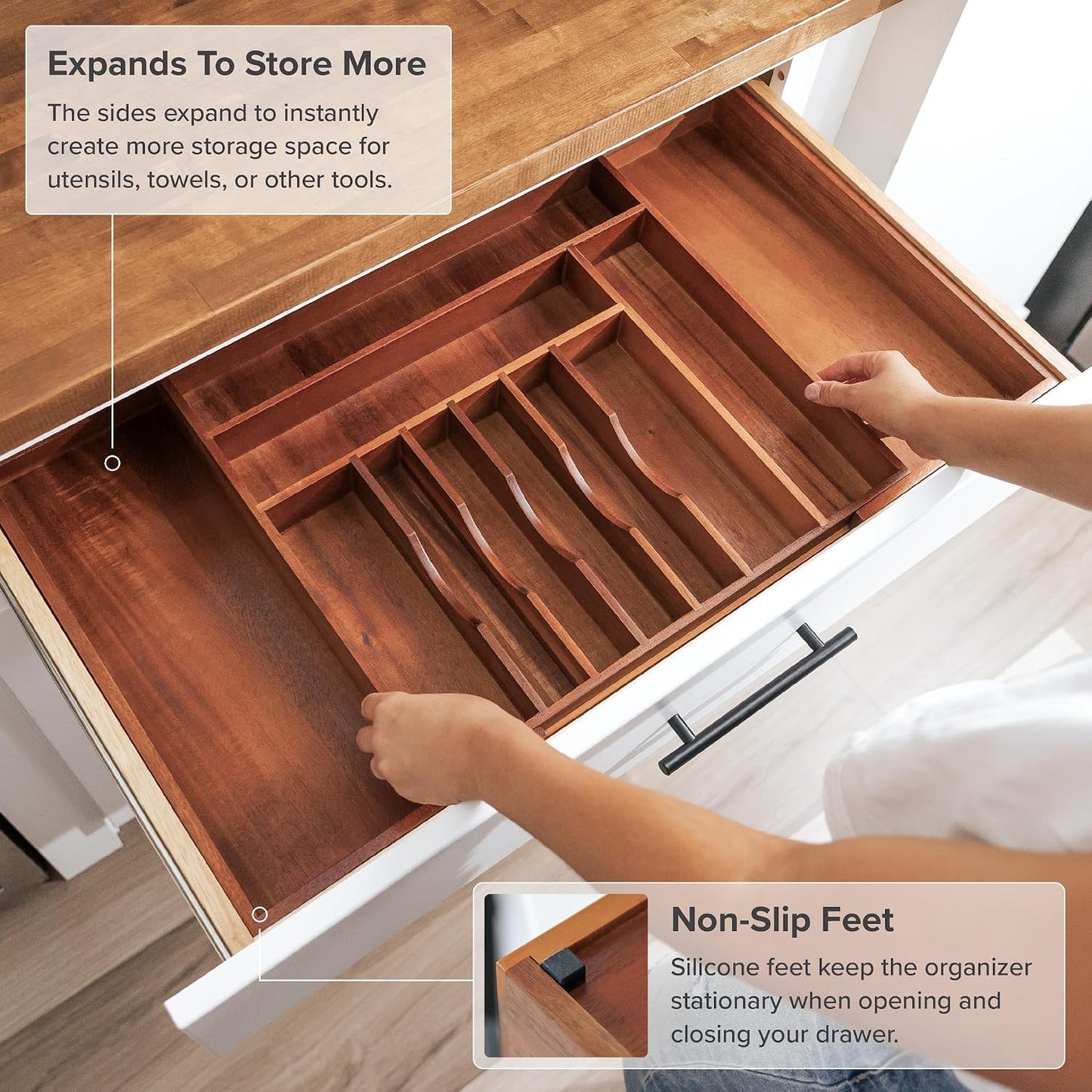 Silverware & Utensil Drawer Organizer, 18-33 in, Bamboo | Cutlery, flatware, food-safe contract grade, kitchen drawer fit