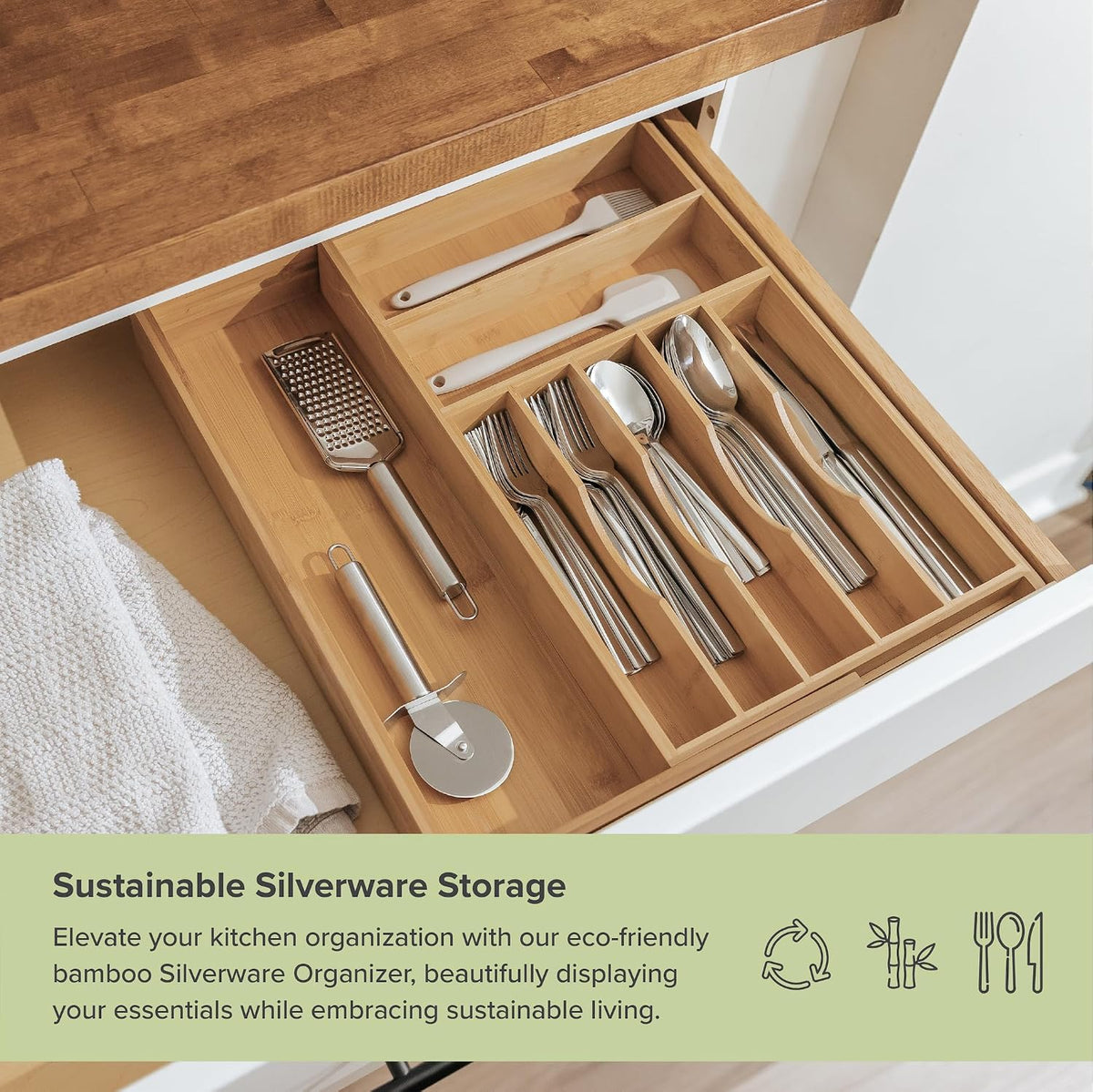Silverware & Utensil Drawer Organizer, 18-33 in, Bamboo | Cutlery, flatware, food-safe contract grade, kitchen drawer fit