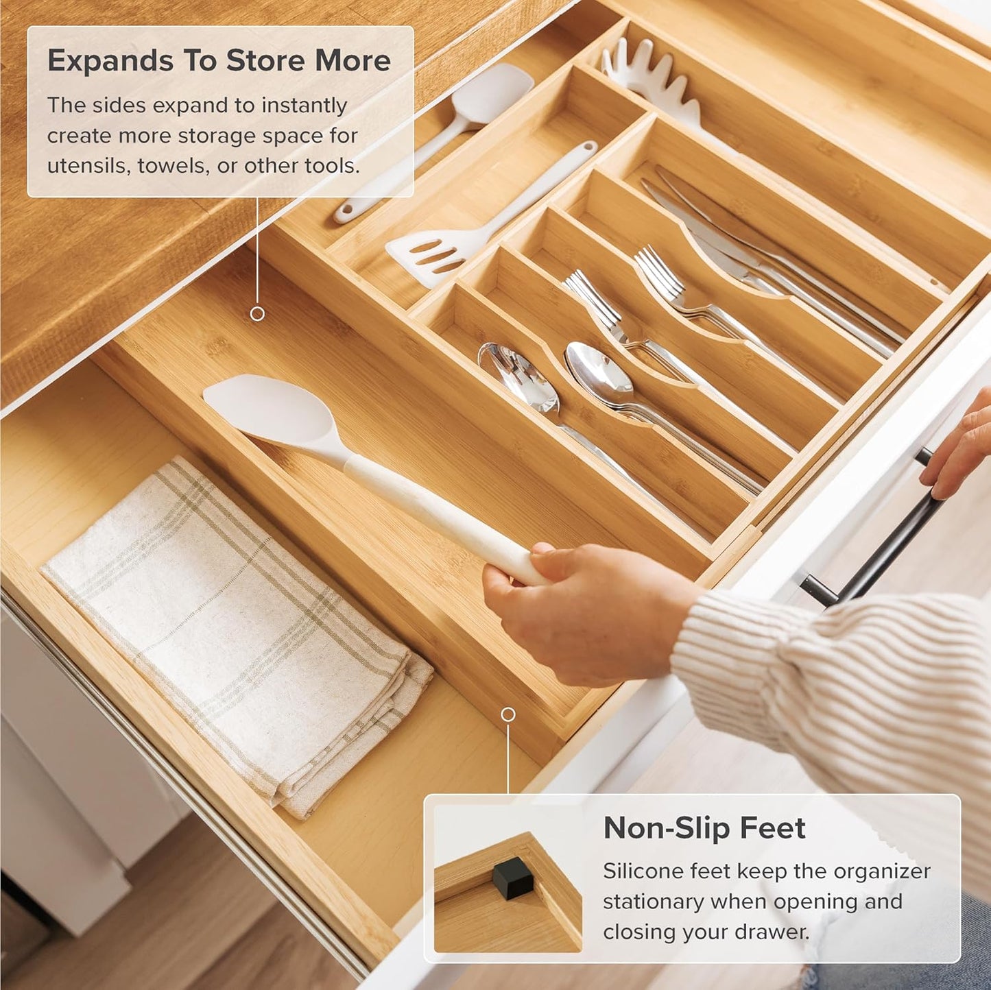 Silverware & Utensil Drawer Organizer, 18-33 in, Bamboo | Cutlery, flatware, food-safe contract grade, kitchen drawer fit