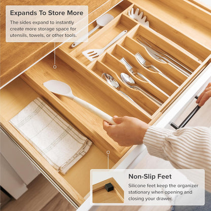 Silverware & Utensil Drawer Organizer, 18-33 in, Bamboo | Cutlery, flatware, food-safe contract grade, kitchen drawer fit
