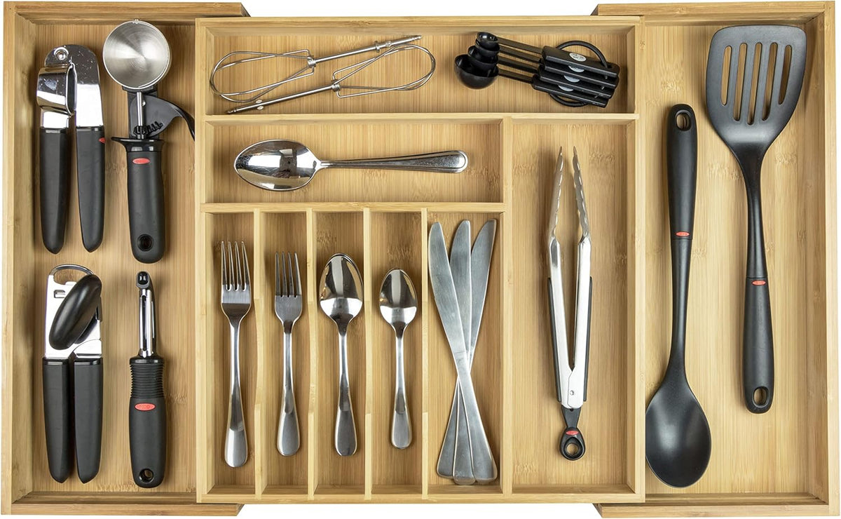 Silverware & Utensil Drawer Organizer, 18-33 in, Bamboo | Cutlery, flatware, food-safe contract grade, kitchen drawer fit