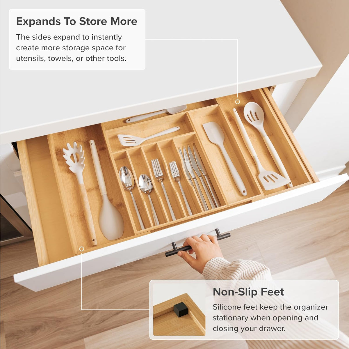 Silverware & Utensil Drawer Organizer, 18-33 in, Bamboo | Cutlery, flatware, food-safe contract grade, kitchen drawer fit