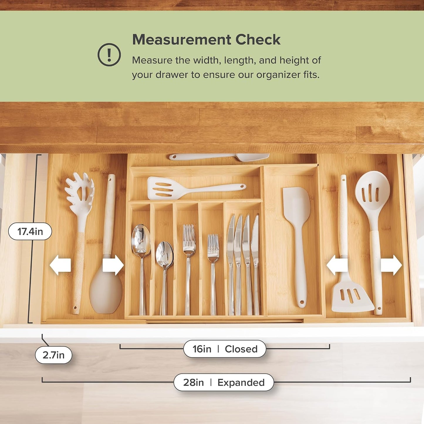 Silverware & Utensil Drawer Organizer, 18-33 in, Bamboo | Cutlery, flatware, food-safe contract grade, kitchen drawer fit