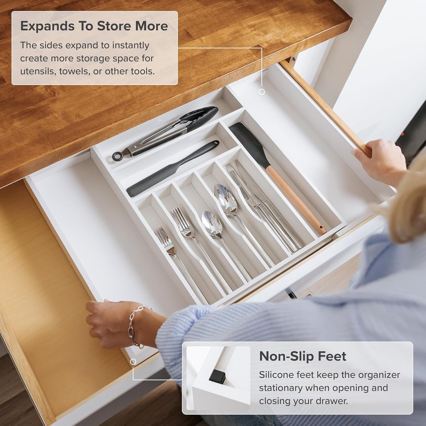 Silverware & Utensil Drawer Organizer, 18-33 in, Bamboo | Cutlery, flatware, food-safe contract grade, kitchen drawer fit