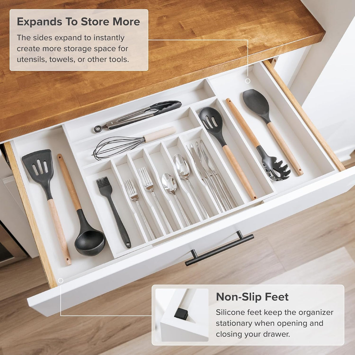 Silverware & Utensil Drawer Organizer, 18-33 in, Bamboo | Cutlery, flatware, food-safe contract grade, kitchen drawer fit