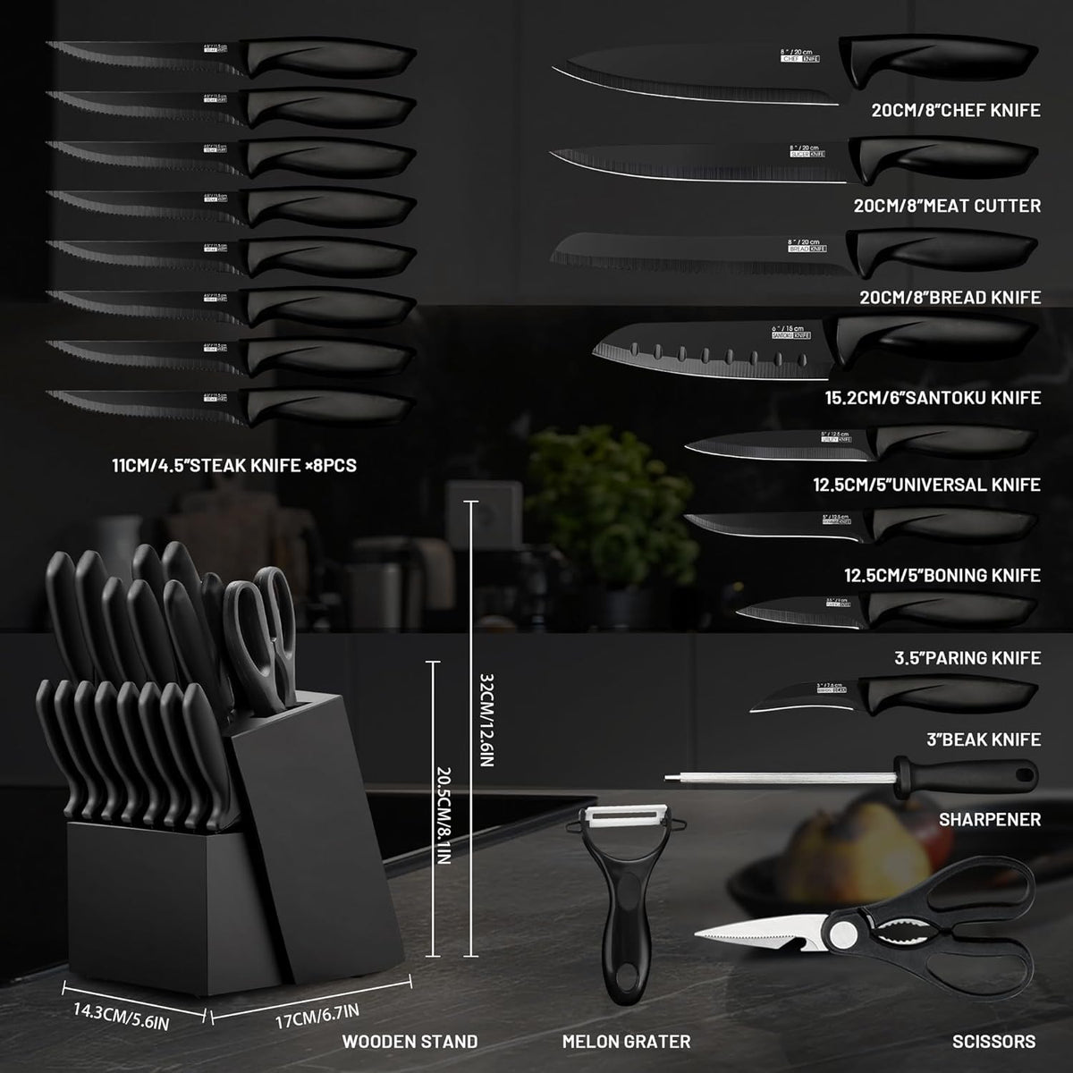Knife Set, 20 Pieces Knife Sets for Kitchen with Block, Dishwasher Safe Kitchen Knife Set with Built-in Sharpener, German Stainless Steel Black Knife Block Set