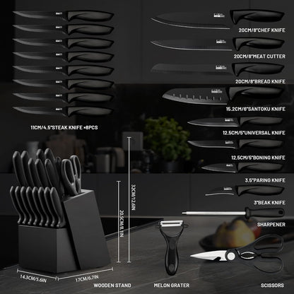 Knife Set, 20 Pieces Knife Sets for Kitchen with Block, Dishwasher Safe Kitchen Knife Set with Built-in Sharpener, German Stainless Steel Black Knife Block Set