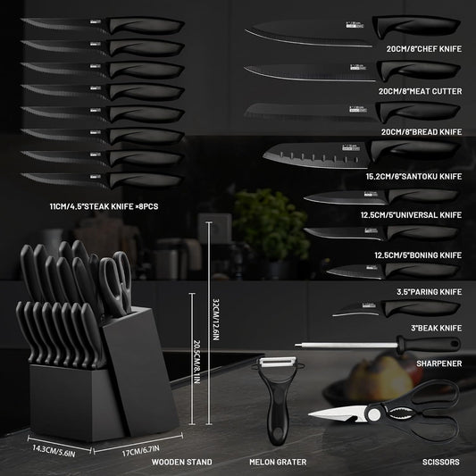 Knife Set, 20 Pieces Knife Sets for Kitchen with Block, Dishwasher Safe Kitchen Knife Set with Built-in Sharpener, German Stainless Steel Black Knife Block Set