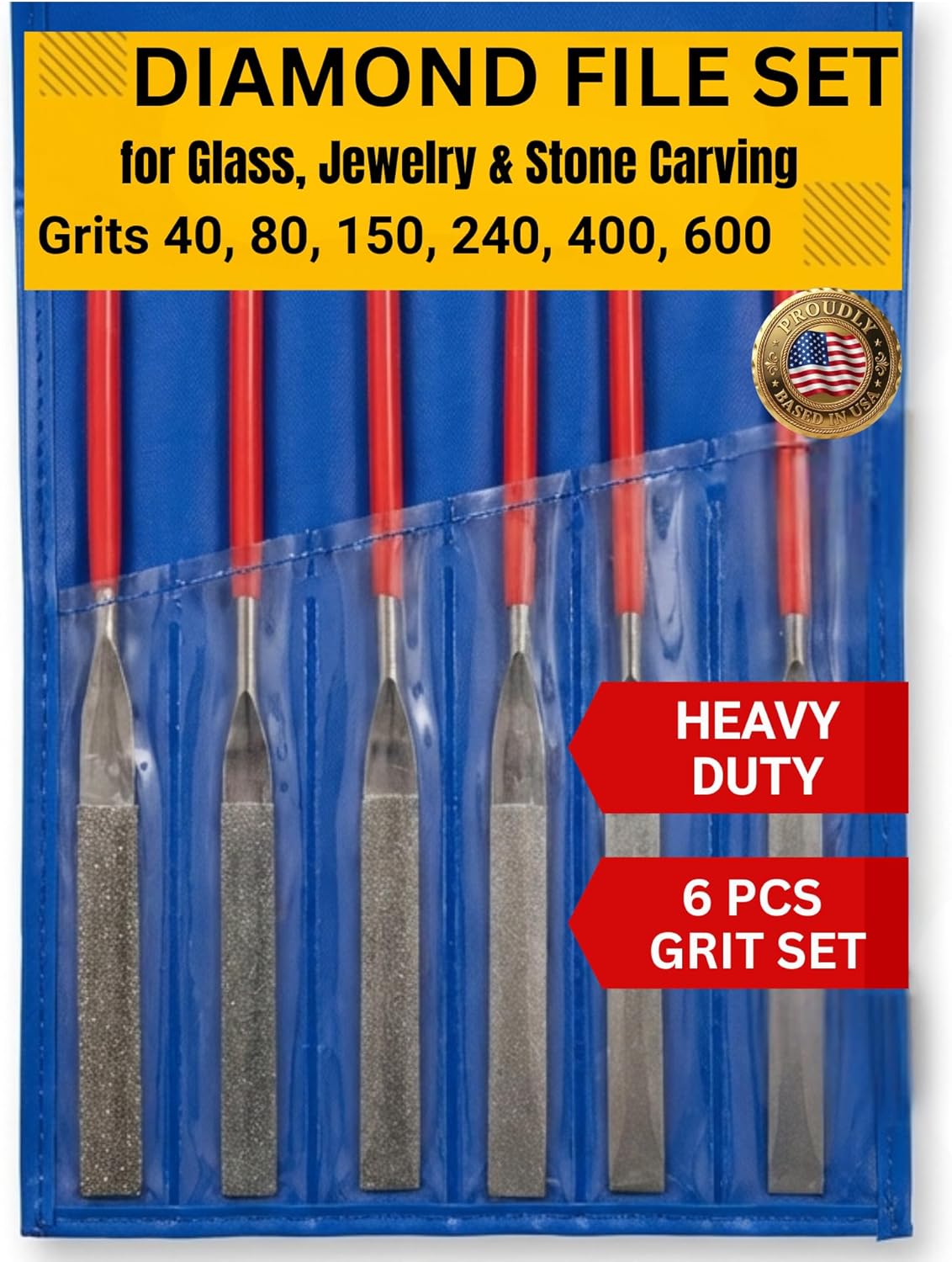 Drilax 6-Pc Diamond File Set, Flat Hand Files (40–600 Grit) Heavy-Duty Diamond Sharpening & Finishing Tools for Glass, Jewelry, Stone, Metal Precision Craft Files for DIY, Workshop & Professional Use