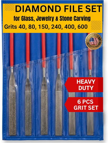 Drilax 6-Pc Diamond File Set, Flat Hand Files (40–600 Grit) Heavy-Duty Diamond Sharpening & Finishing Tools for Glass, Jewelry, Stone, Metal Precision Craft Files for DIY, Workshop & Professional Use