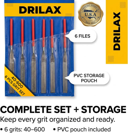 Drilax 6-Pc Diamond File Set, Flat Hand Files (40–600 Grit) Heavy-Duty Diamond Sharpening & Finishing Tools for Glass, Jewelry, Stone, Metal Precision Craft Files for DIY, Workshop & Professional Use