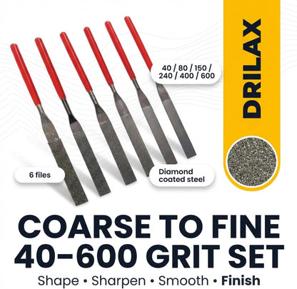 Drilax 6-Pc Diamond File Set, Flat Hand Files (40–600 Grit) Heavy-Duty Diamond Sharpening & Finishing Tools for Glass, Jewelry, Stone, Metal Precision Craft Files for DIY, Workshop & Professional Use