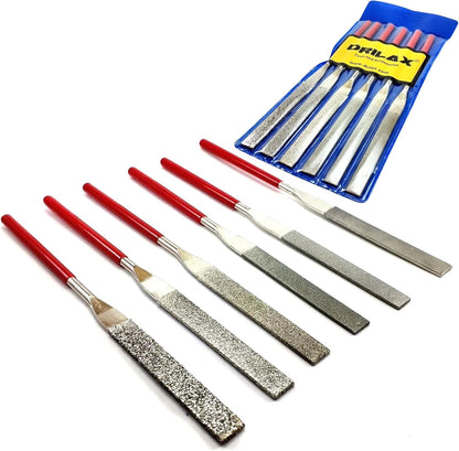 Drilax 6-Pc Diamond File Set, Flat Hand Files (40–600 Grit) Heavy-Duty Diamond Sharpening & Finishing Tools for Glass, Jewelry, Stone, Metal Precision Craft Files for DIY, Workshop & Professional Use