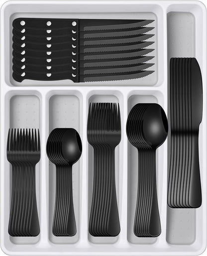 49 Pieces Silverware Sets With Organizer And Steak Knives,Stainless Steel Flatware Sets Service For 8 Person For Home Kitchen,Tableware Cutlery Sets,Includes Knife Spoon and Forks Sets