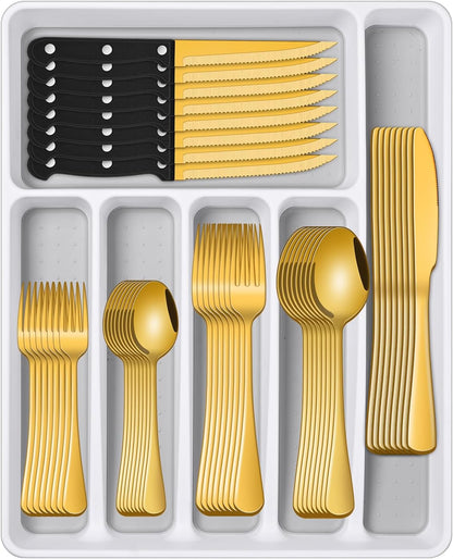 49 Pieces Silverware Sets With Organizer And Steak Knives,Stainless Steel Flatware Sets Service For 8 Person For Home Kitchen,Tableware Cutlery Sets,Includes Knife Spoon and Forks Sets
