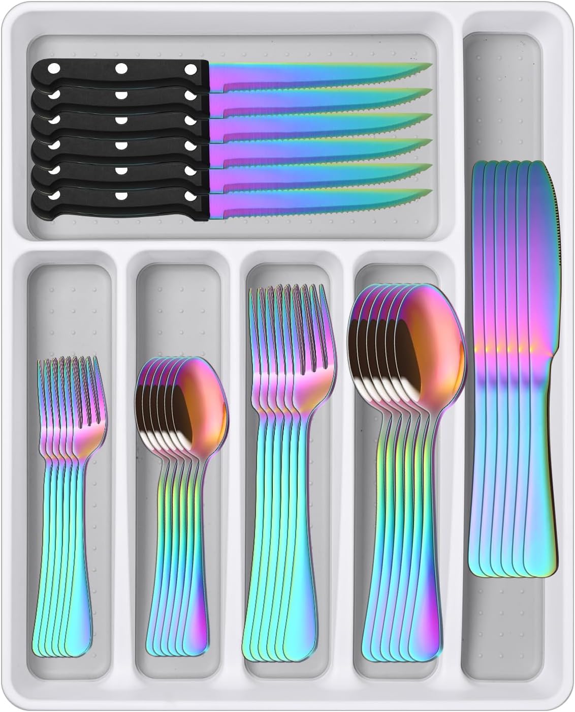 49 Pieces Silverware Sets With Organizer And Steak Knives,Stainless Steel Flatware Sets Service For 8 Person For Home Kitchen,Tableware Cutlery Sets,Includes Knife Spoon and Forks Sets