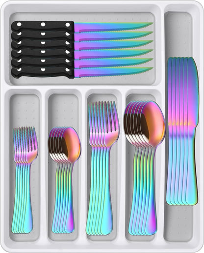 49 Pieces Silverware Sets With Organizer And Steak Knives,Stainless Steel Flatware Sets Service For 8 Person For Home Kitchen,Tableware Cutlery Sets,Includes Knife Spoon and Forks Sets