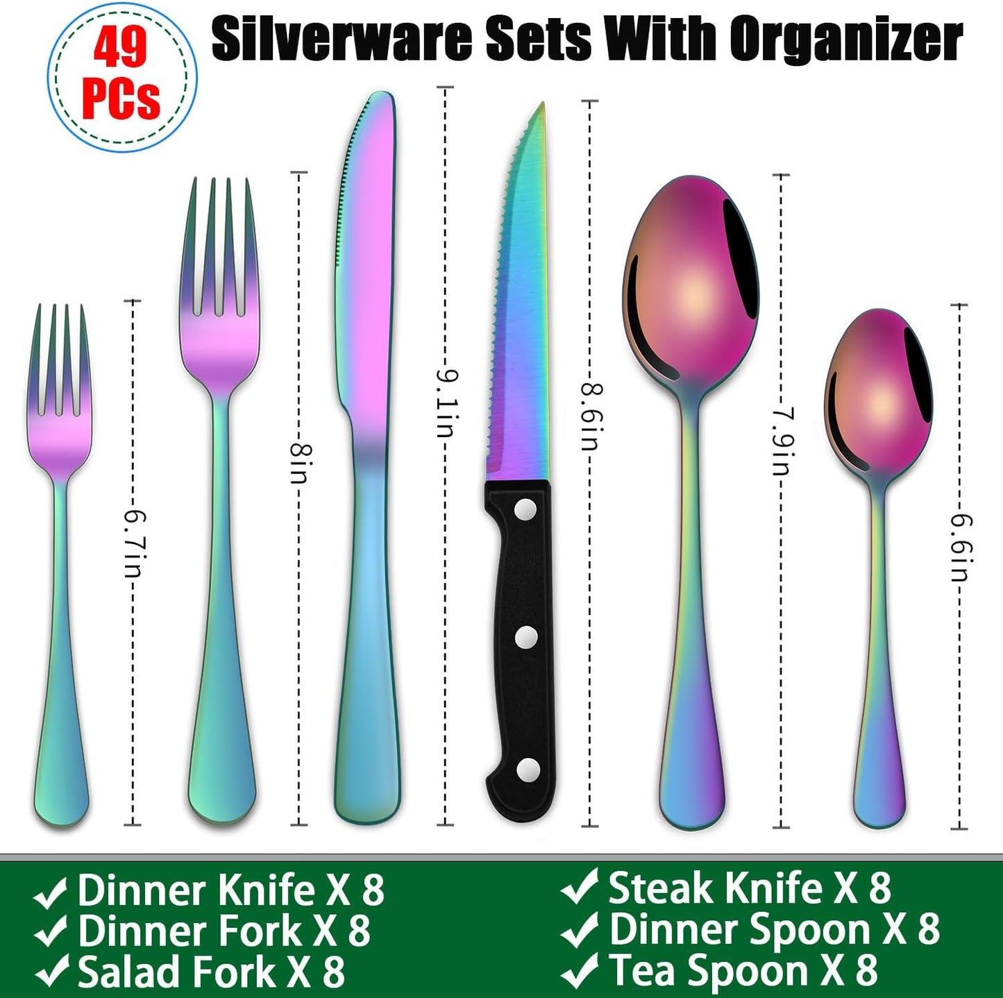 49 Pieces Silverware Sets With Organizer And Steak Knives,Stainless Steel Flatware Sets Service For 8 Person For Home Kitchen,Tableware Cutlery Sets,Includes Knife Spoon and Forks Sets