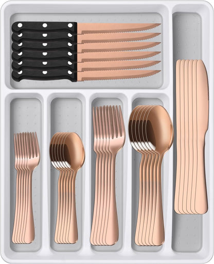 49 Pieces Silverware Sets With Organizer And Steak Knives,Stainless Steel Flatware Sets Service For 8 Person For Home Kitchen,Tableware Cutlery Sets,Includes Knife Spoon and Forks Sets