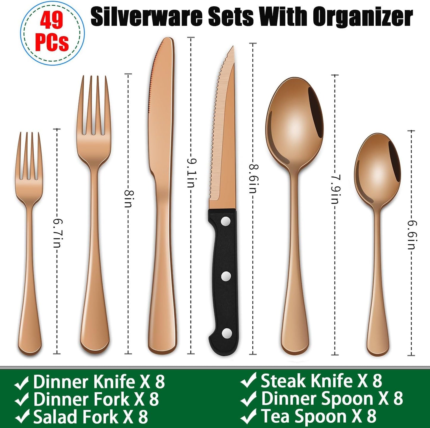 49 Pieces Silverware Sets With Organizer And Steak Knives,Stainless Steel Flatware Sets Service For 8 Person For Home Kitchen,Tableware Cutlery Sets,Includes Knife Spoon and Forks Sets