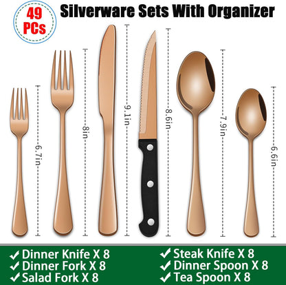 49 Pieces Silverware Sets With Organizer And Steak Knives,Stainless Steel Flatware Sets Service For 8 Person For Home Kitchen,Tableware Cutlery Sets,Includes Knife Spoon and Forks Sets
