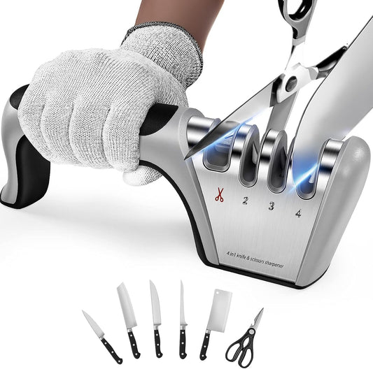 4-in-1 Knife Sharpener with 4-Stage Sharpening, Manual Kitchen Sharpener for Ceramic & Steel Knives and Scissors, Black