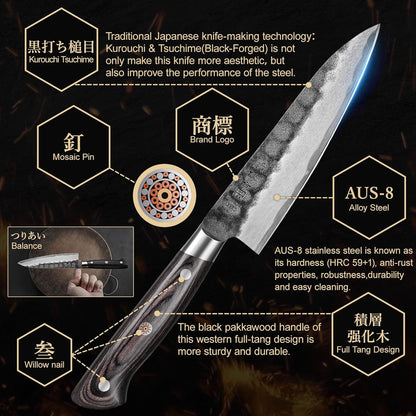 5 Inch Paring Petty Knife with AUS-8 Alloy Steel and Full-Tang Pakkawood Handle, Kitchen Utility Knife with Premium Gift Box