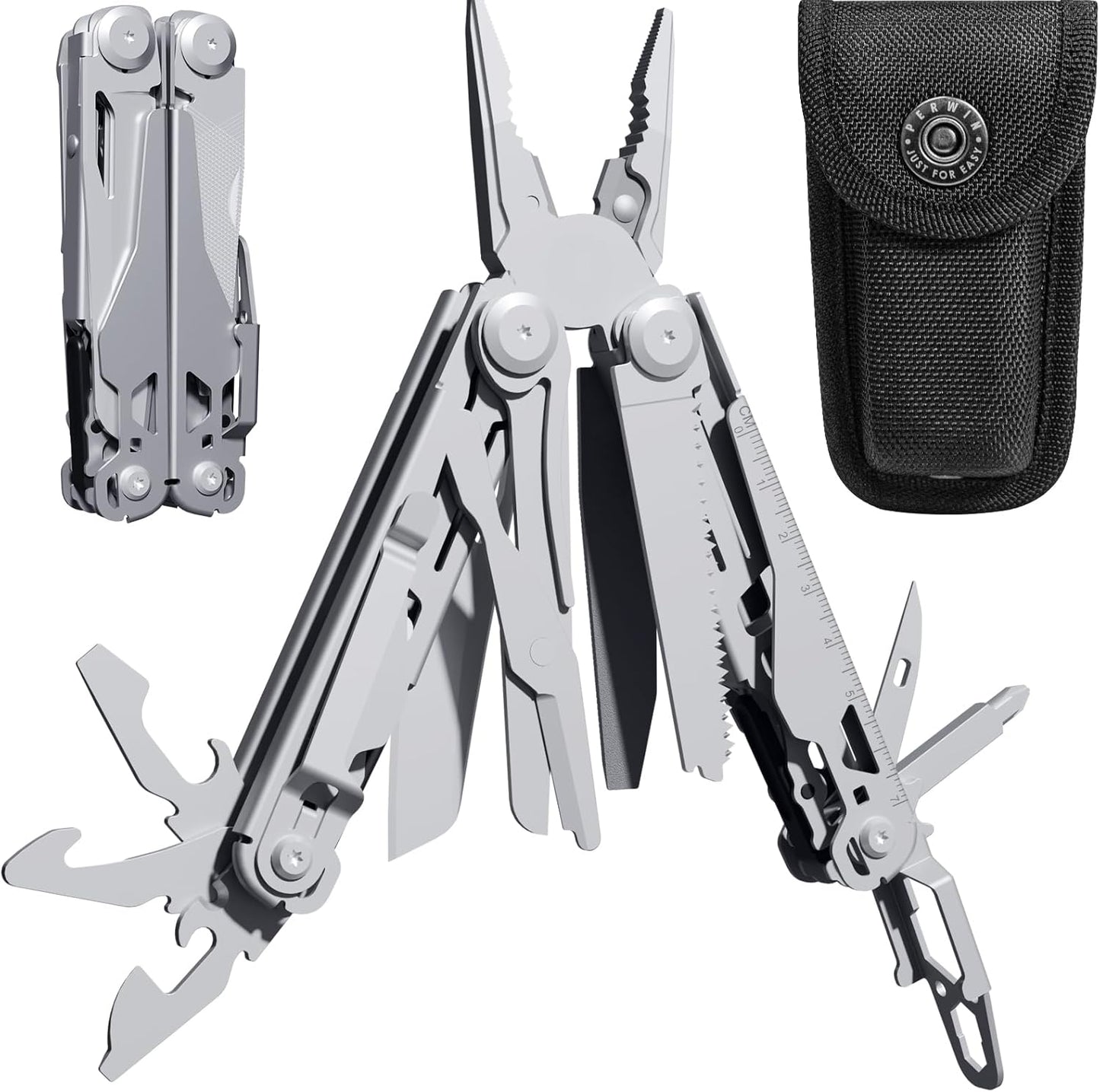 Multitool, 17-in-1 Stainless Steel Multi Tool Pliers with Self-Locking, Pocket Knife, Nylon Sheath, Professional (EDC) Multi-Tool for Survival, Camping and Hunting, Hiking, Gifts for Men