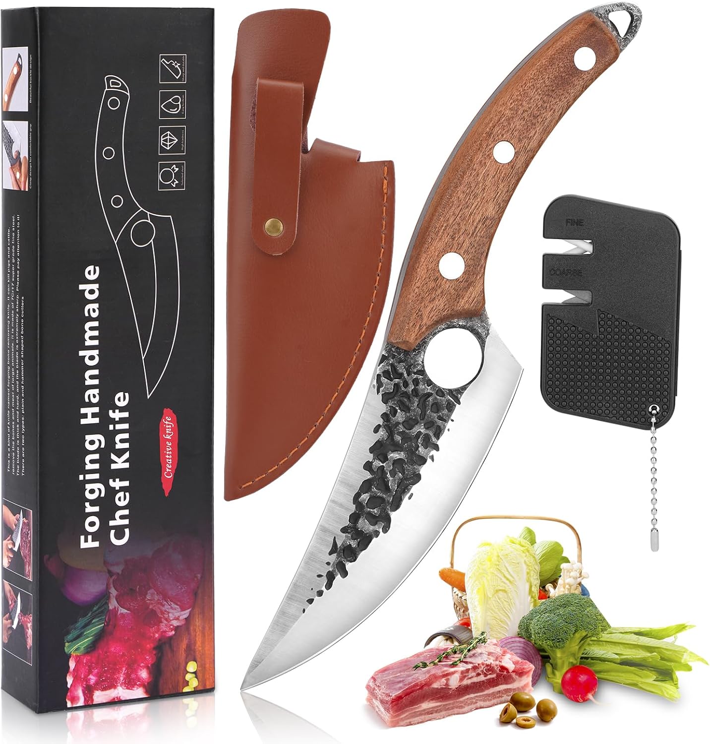 Chef Knife, Upgraded Boning Knife for Meat Cutting, Viking Hand Forged Japanese Knives with sheath, Sharp Meat Cleaver Kitchen Knives For Home, Outdoor Cooking, Camping BBQ (Yellow)