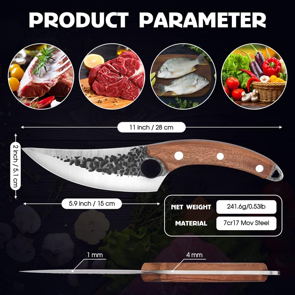 Chef Knife, Upgraded Boning Knife for Meat Cutting, Viking Hand Forged Japanese Knives with sheath, Sharp Meat Cleaver Kitchen Knives For Home, Outdoor Cooking, Camping BBQ (Yellow)