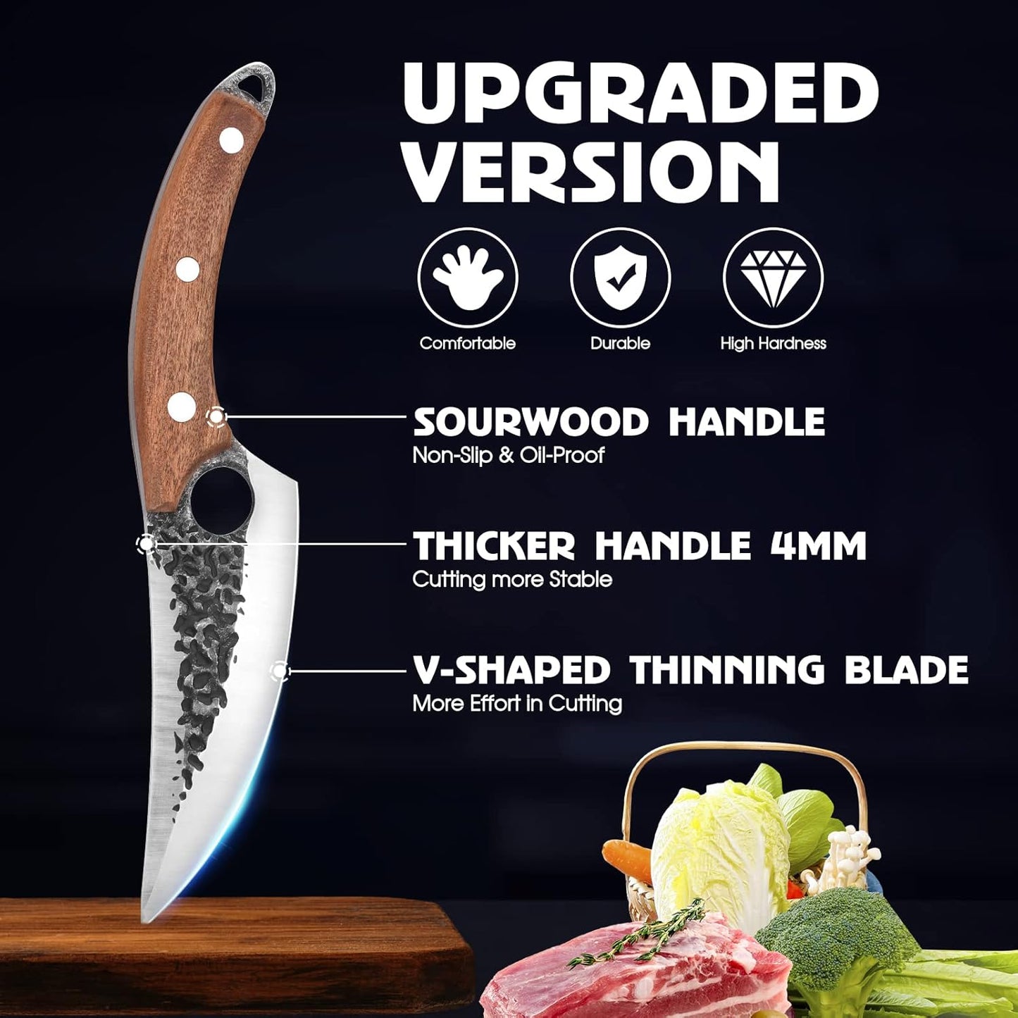 Chef Knife, Upgraded Boning Knife for Meat Cutting, Viking Hand Forged Japanese Knives with sheath, Sharp Meat Cleaver Kitchen Knives For Home, Outdoor Cooking, Camping BBQ (Yellow)