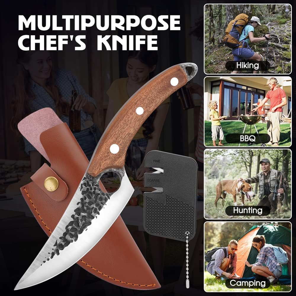 Chef Knife, Upgraded Boning Knife for Meat Cutting, Viking Hand Forged Japanese Knives with sheath, Sharp Meat Cleaver Kitchen Knives For Home, Outdoor Cooking, Camping BBQ (Yellow)