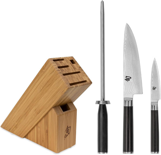 Classic 4 Piece Slimline Block Set | Includes 6" Chef and 3.5" Paring Knives, Honing Steel & Bamboo Knife Block, Handcrafted, Pakkawood Handle