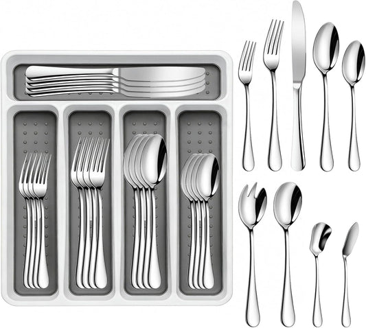 45-Piece Silverware Set with Organizer, Stainless Steel Flatware Set for 8 | Mirror Polished, Includes Forks, Knives, Spoons & Serving Utensils, Cutlery Utensils Set for Home Wedding & Housewarming