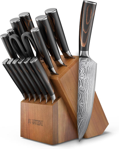 Magnetic Kitchen Knife Block Set - Japanese 67 Layer High-Grade VG-10 Steel Knives, Sharp, G10 Handle Professional Kitchen Knife Set - Black Damascus