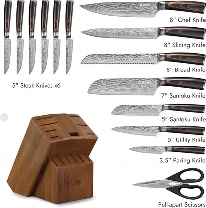 Magnetic Kitchen Knife Block Set - Japanese 67 Layer High-Grade VG-10 Steel Knives, Sharp, G10 Handle Professional Kitchen Knife Set - Black Damascus