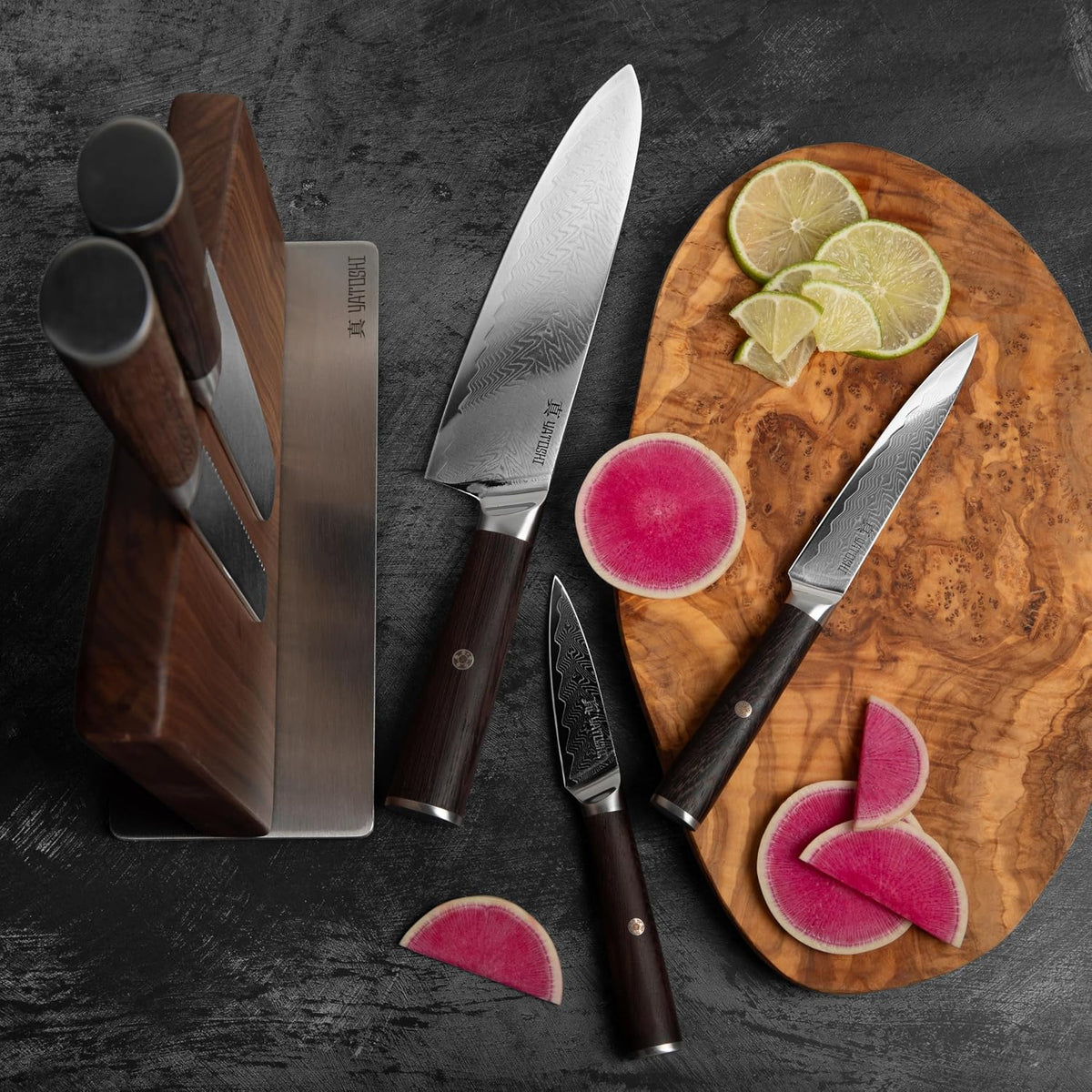 Magnetic Kitchen Knife Block Set - Japanese 67 Layer High-Grade VG-10 Steel Knives, Sharp, G10 Handle Professional Kitchen Knife Set - Black Damascus