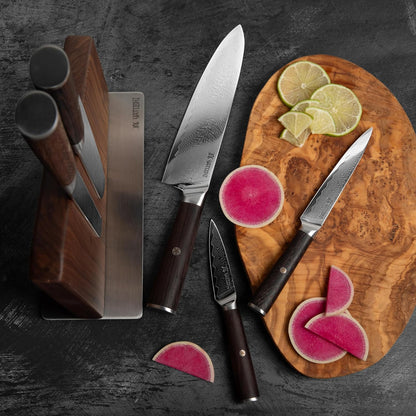 Magnetic Kitchen Knife Block Set - Japanese 67 Layer High-Grade VG-10 Steel Knives, Sharp, G10 Handle Professional Kitchen Knife Set - Black Damascus