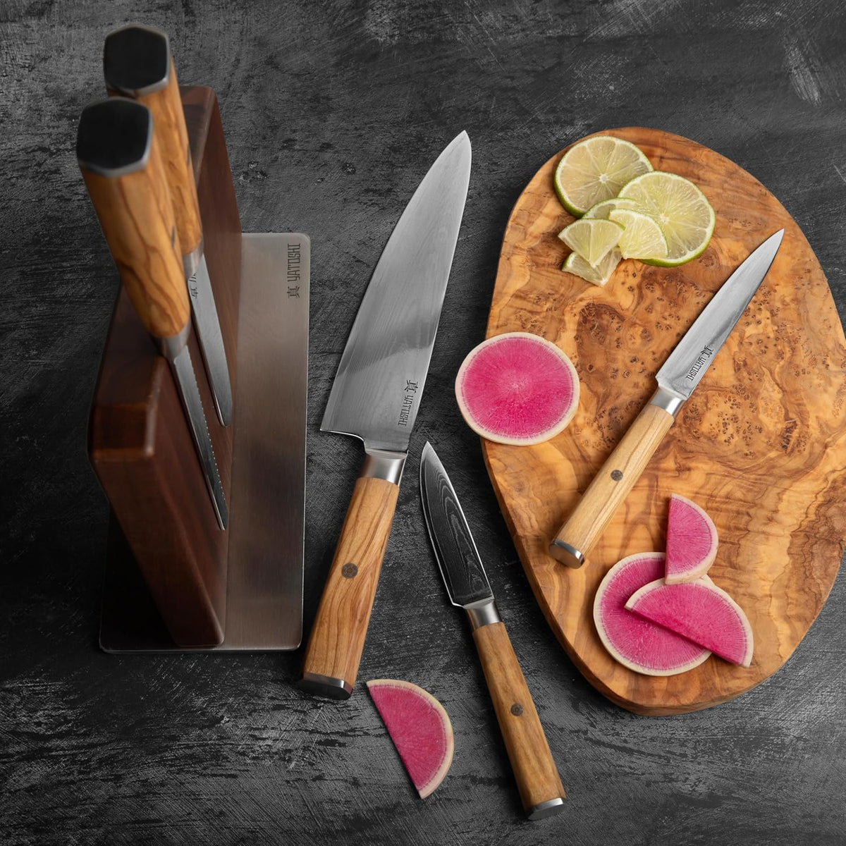 Magnetic Kitchen Knife Block Set - Japanese 67 Layer High-Grade VG-10 Steel Knives, Sharp, G10 Handle Professional Kitchen Knife Set - Black Damascus
