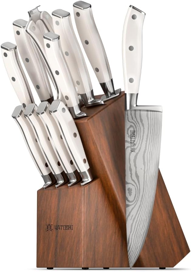 Magnetic Kitchen Knife Block Set - Japanese 67 Layer High-Grade VG-10 Steel Knives, Sharp, G10 Handle Professional Kitchen Knife Set - Black Damascus
