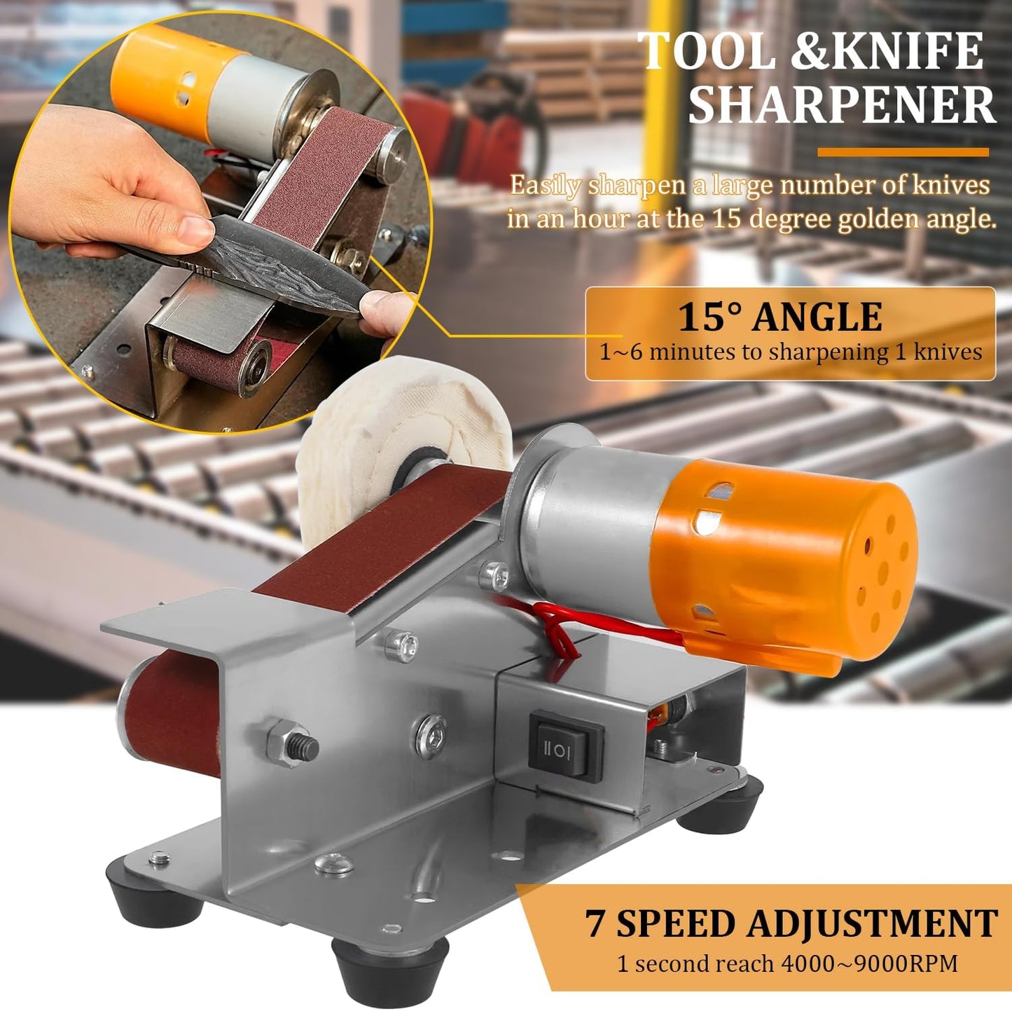 Mini Belt Sander Electric Bench Grinder Sanding Machine 7 Adjustable Speed Grinder Polisher 15 Degree Knife Knife Sharpener for DIY Woodworking,Metal Working,Knife Making,jewelry Making