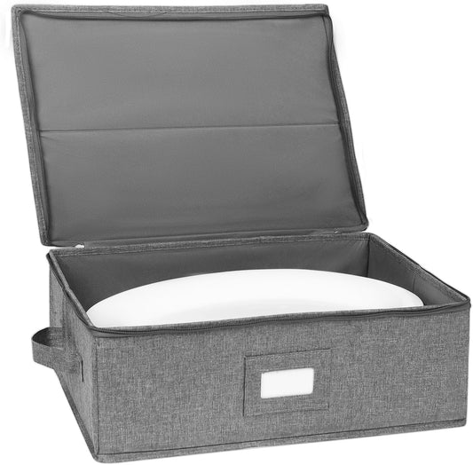 Platter Storage, China Storage Containers Hard Shell 17" x 13" x 6" | China Platter Storage Containers with 5 Felt Dividers Included, Structured Top and Stackable (Linen Grey)
