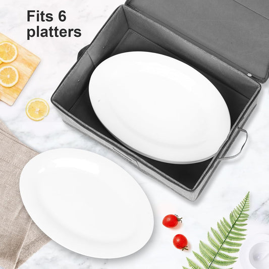 Platter Storage, China Storage Containers Hard Shell 17" x 13" x 6" | China Platter Storage Containers with 5 Felt Dividers Included, Structured Top and Stackable (Linen Grey)