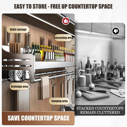Knife & Utensil Holder, Wall Mounted Spice Rack, 304 Stainless Steel Organizer with Shelf for Kitchen Tools and Spices, Space-Saving Design for Easy Access