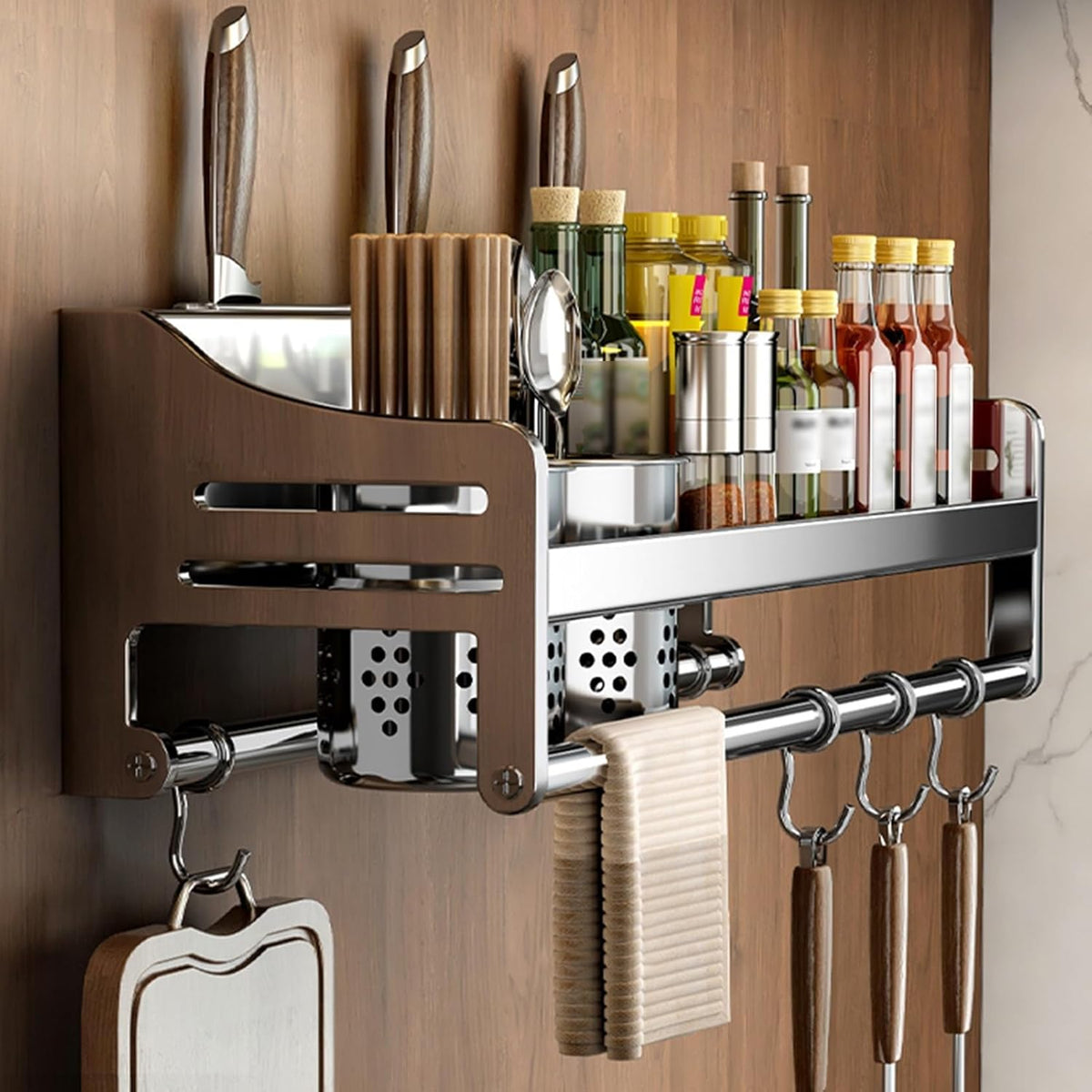Knife & Utensil Holder, Wall Mounted Spice Rack, 304 Stainless Steel Organizer with Shelf for Kitchen Tools and Spices, Space-Saving Design for Easy Access