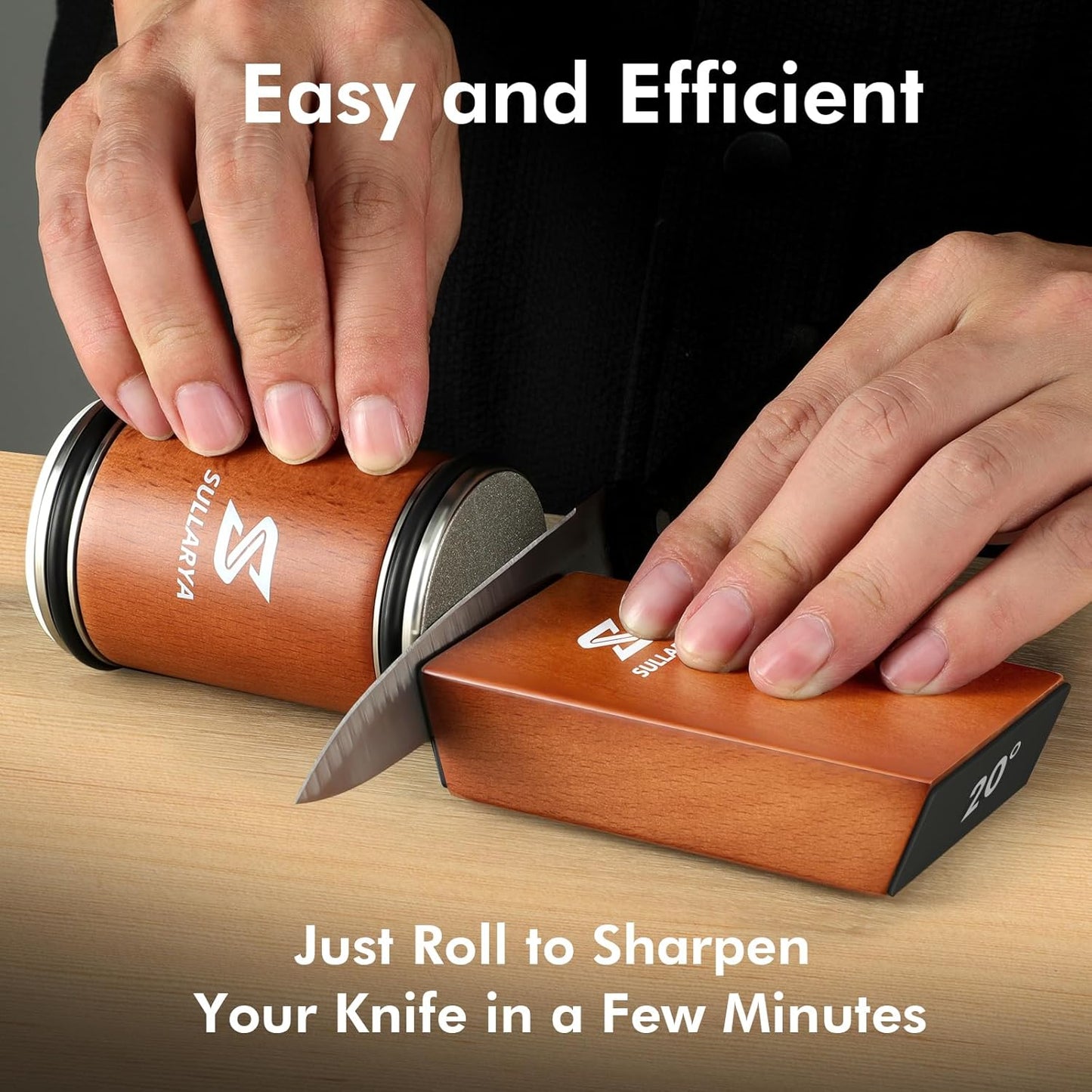 Rolling Knife Sharpener, Diamond & Ceramic Discs, 15° & 20° Magnetic Angle | Easy and Efficient to Use for Any Hardness Knives, Solid Beech Wood, Sturdy Gift Box
