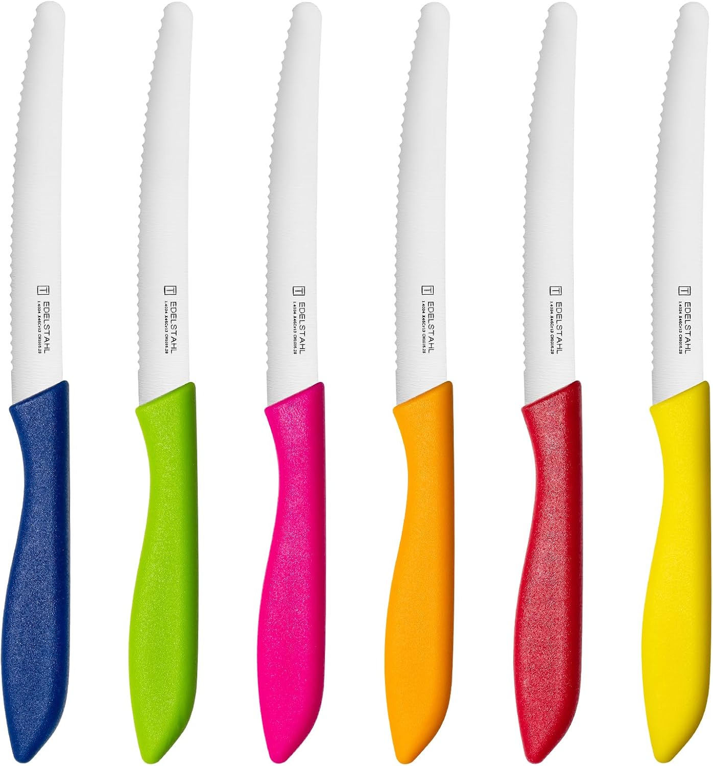 Steak Knives Set of 6, Sharp Serrated Steak Knives,Premium Stainless Steel Steak Knife Set,Colorful Tomato Knife,Steak Knifes for Kitchen/Hotel/Restaurant,Multi-Color